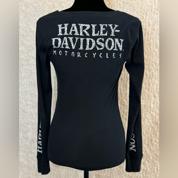 Women's Willie G Skull Snap Front Long Sleeve Black Henley, SZ M - Picture 5 of 6